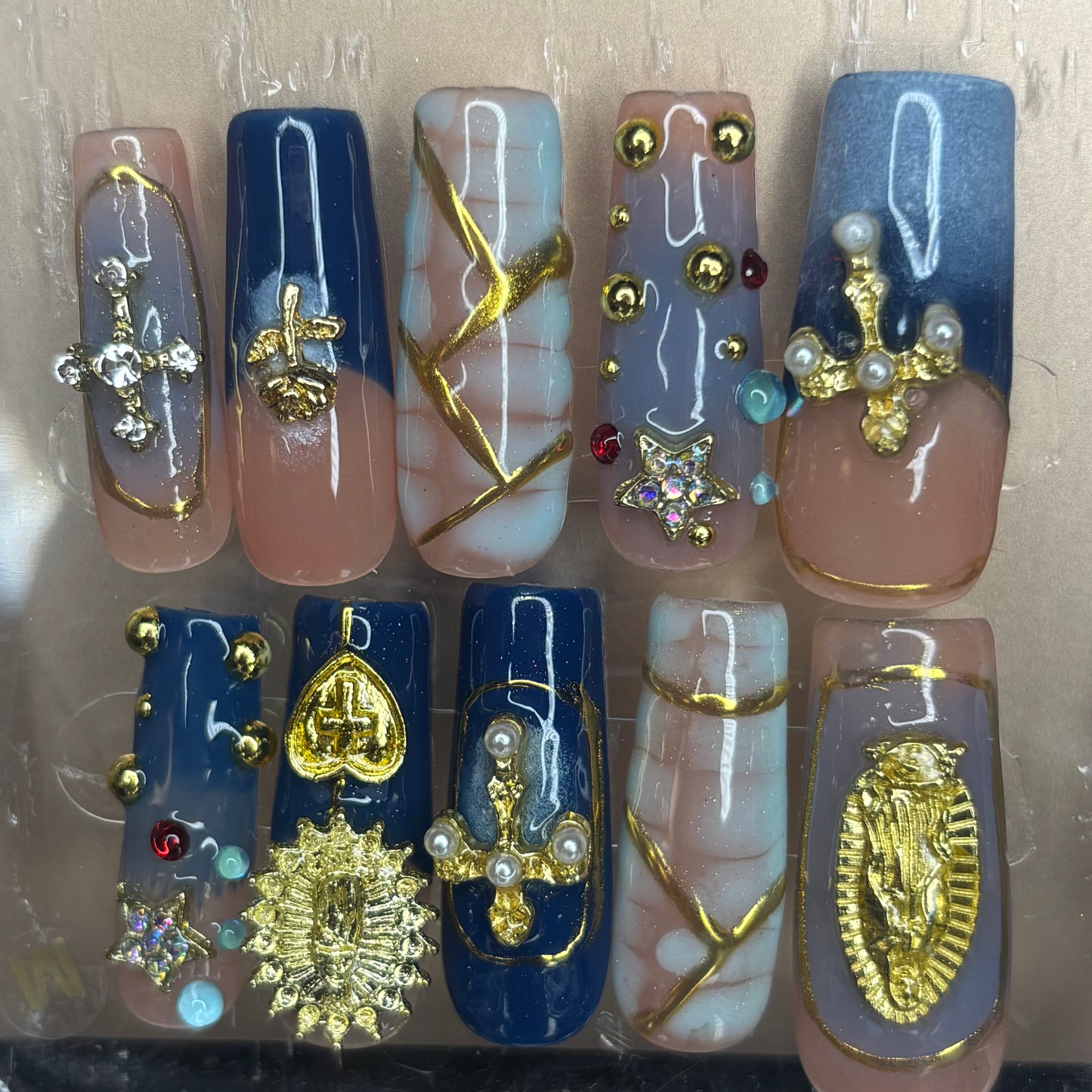 Blue and Gold Acrylic Press on Nails