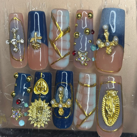 Blue and Gold Acrylic Press on Nails