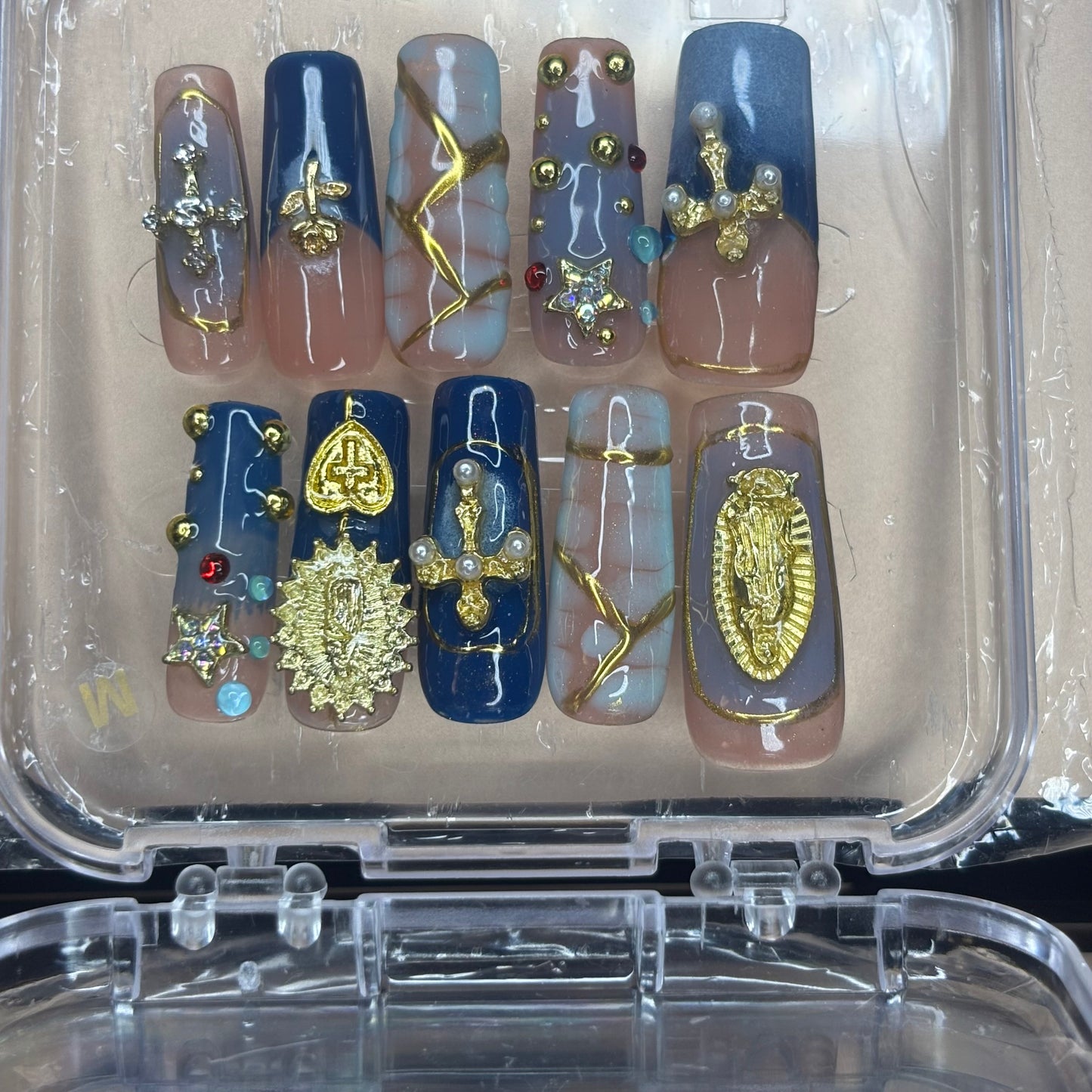 Blue and Gold Acrylic Press on Nails